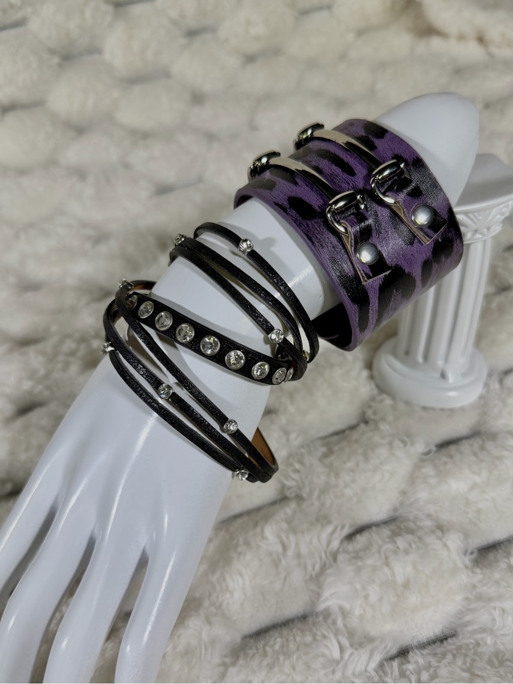 Purple Leopard Print and Black Rhinestone Layered Bracelet Set